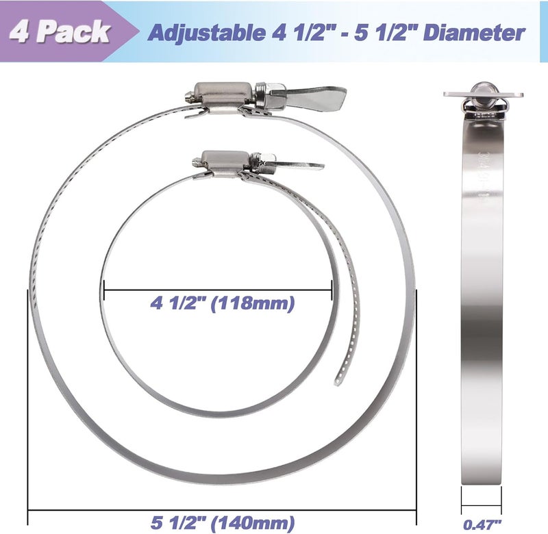 Suprom 4 Pack 5 inch Hose Clamp, Adjustable 4 1/2"-5 1/2" Diameter 304 Stainless Steel Easy turn thumb Screw Worm Gear Hose Clamps For Securing Hose, Dryer, Automotive and Mechanical Applications - Image 3
